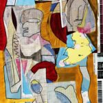 Abstract art depicting faces and continents with black outlines.