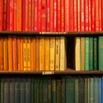 Bookcase closeup with three rows of books. The first row has red covers, the second with orange, yellow and blue, and the last row with purple spines.