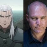 On the left is a screenshot of Geralt in The Witcher: Sirens of the Deep, and on the left is a headshot of Geralt's voice actor, Doug Cockle
