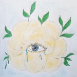 Coloured pencil drawing of a tearful blue eye in a yellow flower.