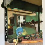 A collage showing an antique bedroom with a teenager on the bed. In the foreground is a young girl lying face down on a wooden bench with a bright blue balloon on her armpit.