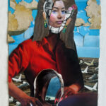 Collage that resembles a woman in a red button up shirt with long red nails holding the shoulders of a young girl as they stand on land with airplanes lined up uniformly.