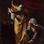 Painting of a high ranking lady with a sword in hand and her maidservant wrapping a decapitated head in wraps in a candlelit room.