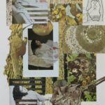 A layered collage combining photographs of people in white clothing on beds, honeycomb and beehive textures, baby chicks, bird nests with eggs, scientific diagrams, and various natural elements in warm golden and yellow tones.