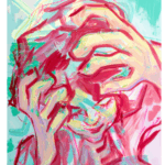 Abstracted painting of a figure clutching their head in both hands, rendered in expressive pink, red, and turquoise brushstrokes against a pale teal background.