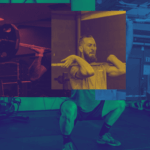 Collage of gym workout scenes showing people using various exercise equipment including weight machines, barbells, and doing squats