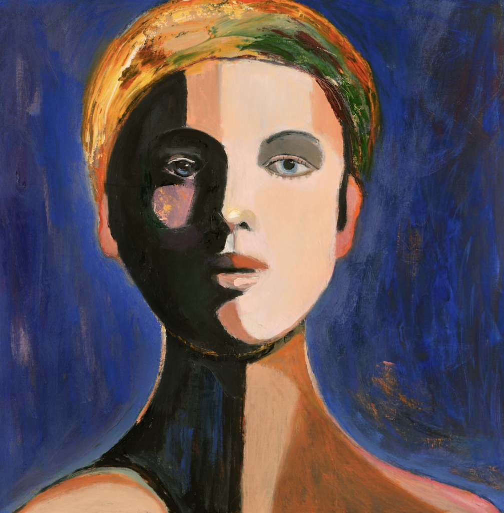 Painting of a blond person's head and neck, with the left side of their face obscured in shadow.
