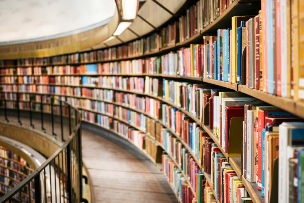 Several circular rows of books in a library