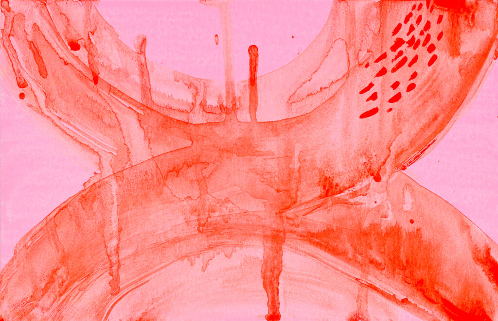 Red dripping paint on a pink background in the form of two half-circle stains.