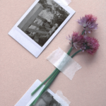 Two vintage photos of mothers and children taped to a rose-pink background along with a small bunch of thistles.