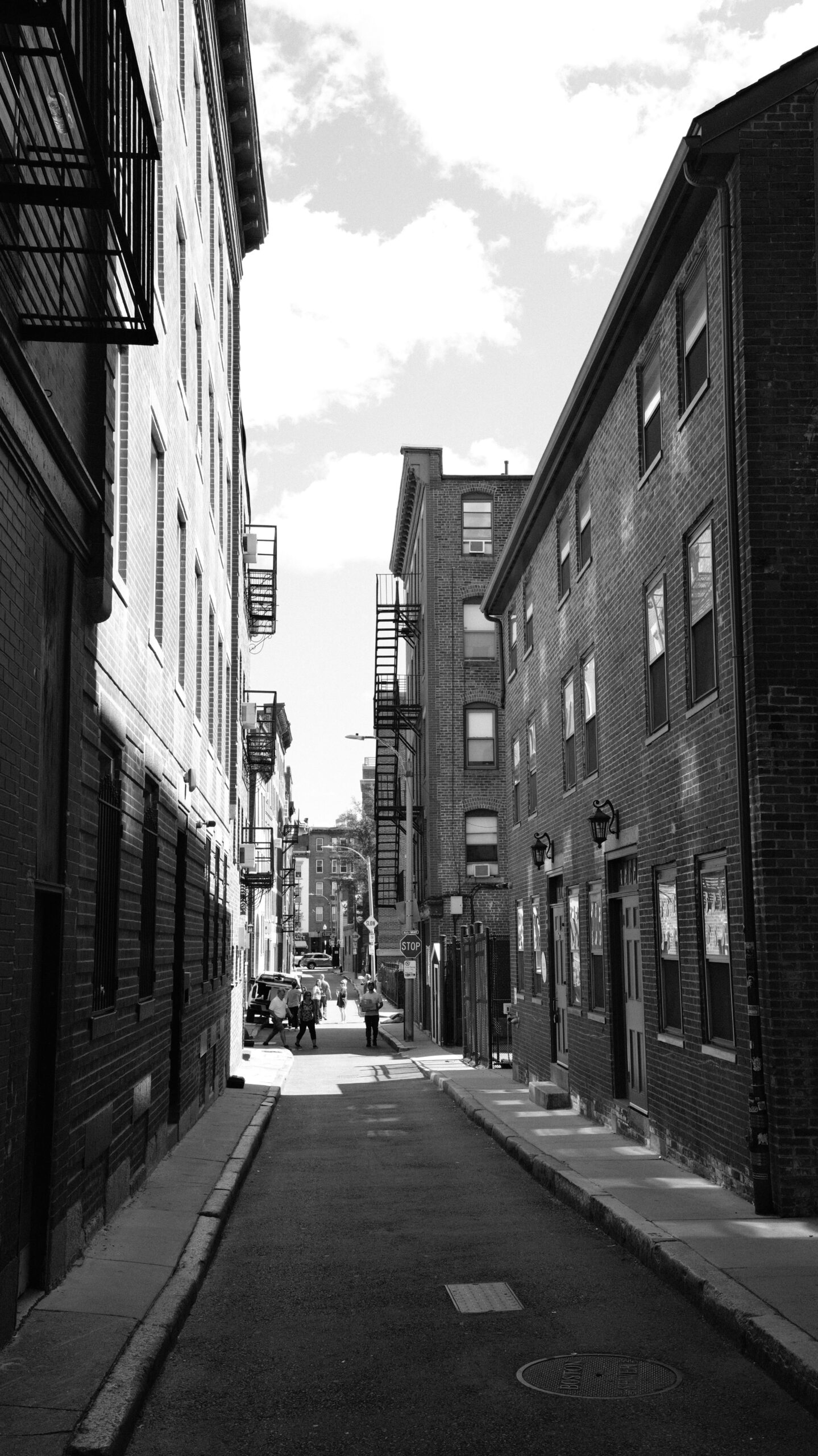 Black and white urban alleyway